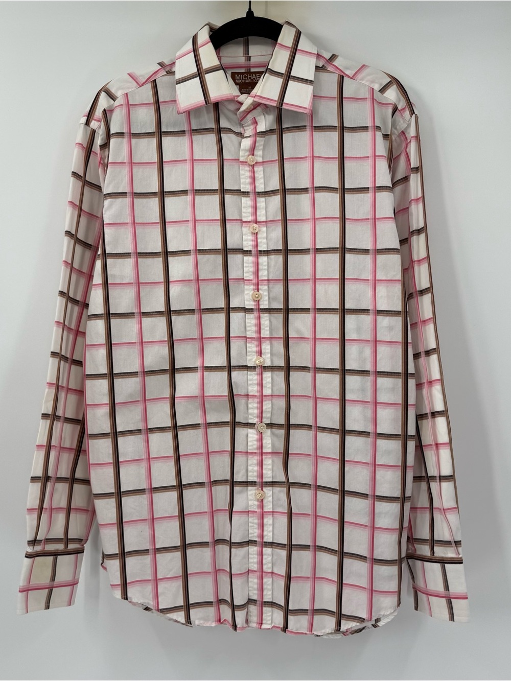 Michael Kors White Button-Up Shirt with Pink and Brown Windowpane
